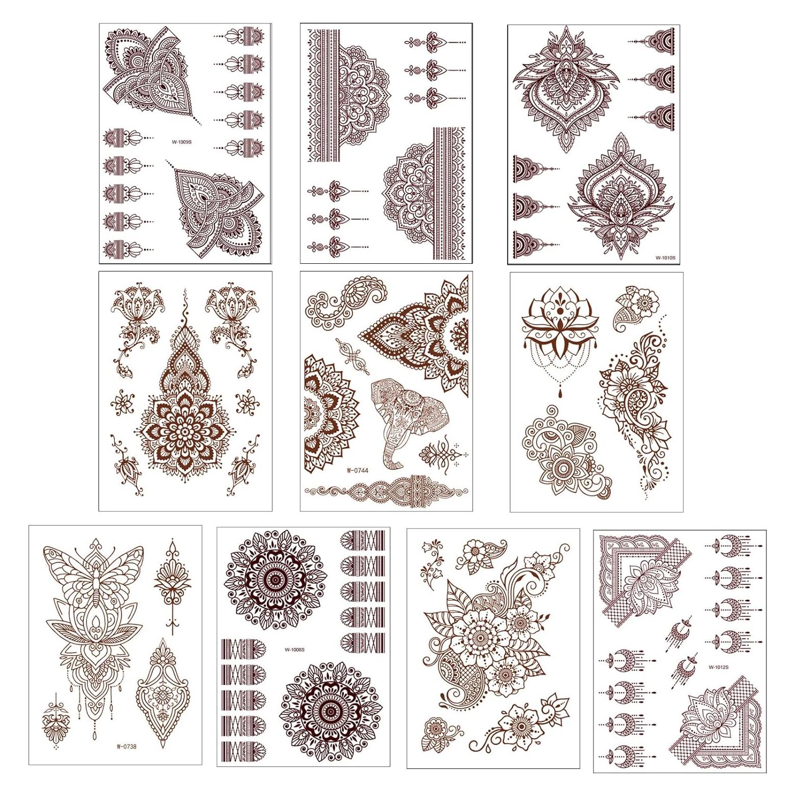 Kit de 10 Tatuajes Temporales de Henna ZOMAND - Patrones Variados