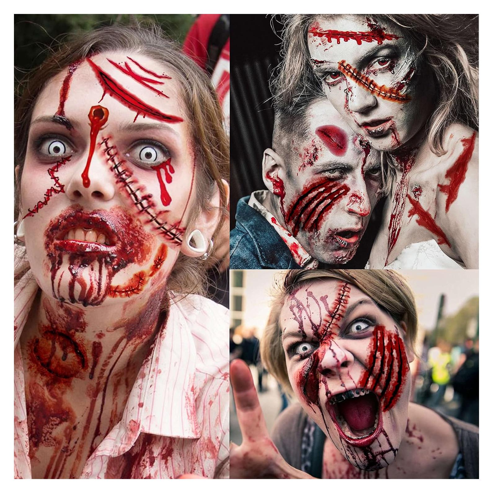 215+ PCS 30 Sheets 3D Fake Scars Tattoo Temporary Halloween Makeup Kit, Fake Stitches Tattoos Cut Scary Face Wound Blood Chucky Scars Tatoos For Kids Women Men Boys Girls Zombie Sticker
