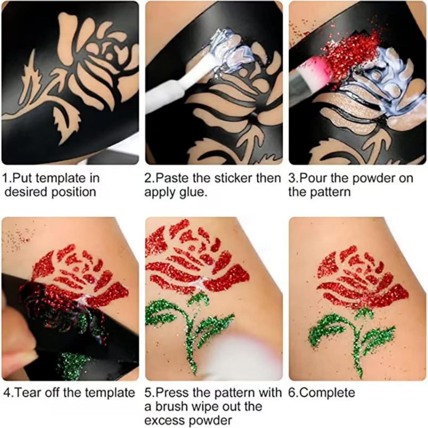 Kit de Tatuajes Temporales Brillantes Wxfhtda - 36 Colores + 151 Plantillas