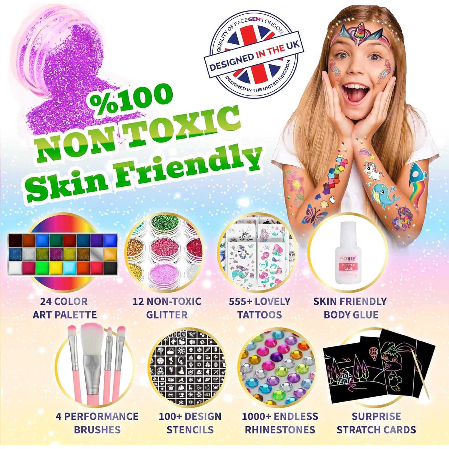 FACEGEM LONDON Face Paint Kit - Glitter Tattoos, Face Gems, Temporary Tattoos, Festival Accessories for Kids & Girls Birthday Present