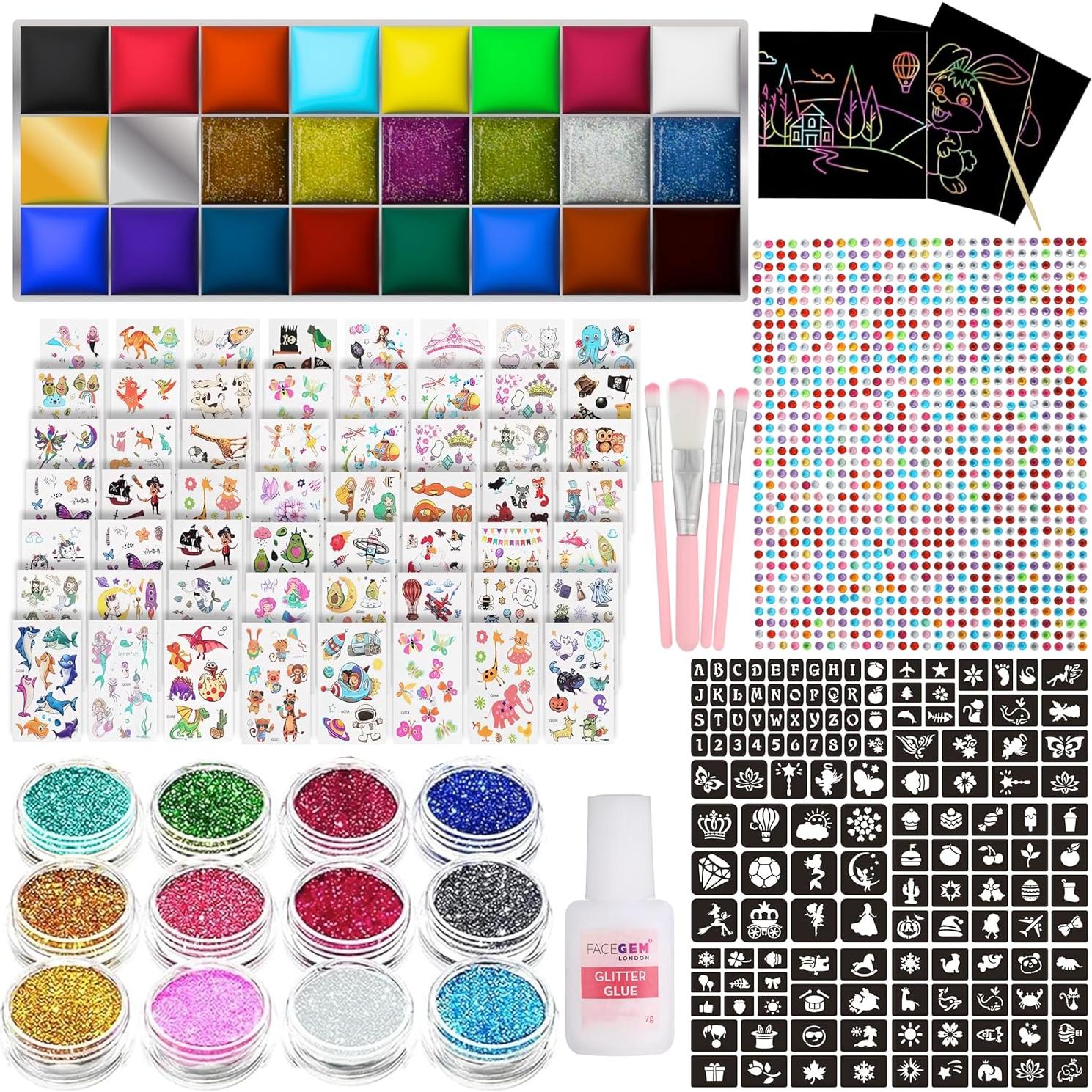 FACEGEM LONDON Face Paint Kit - Glitter Tattoos, Face Gems, Temporary Tattoos, Festival Accessories for Kids & Girls Birthday Present