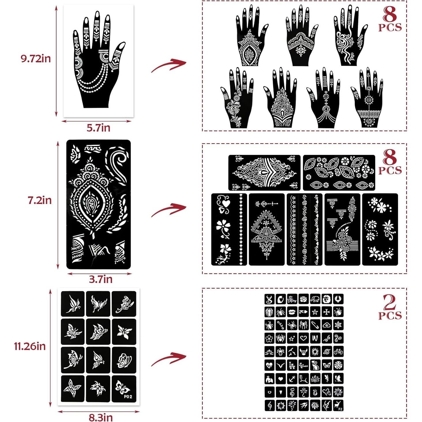 Plantillas de Tatuajes Temporales Koogel - 18 Hojas de Henna