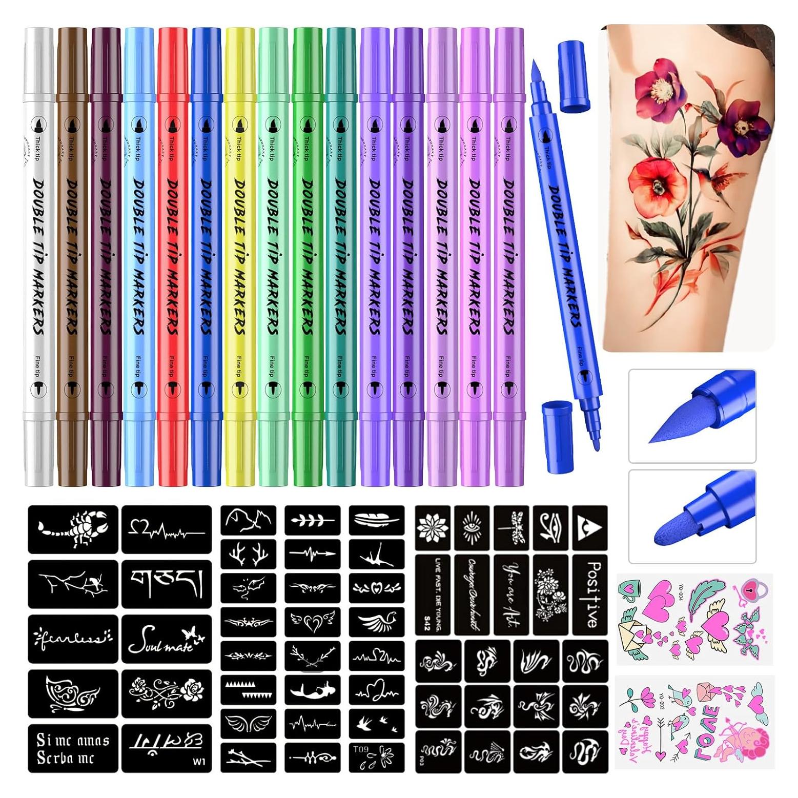 Kit de Marcadores de Tatuajes Temporales PFARRER - 15 Bolígrafos + 64 Plantillas