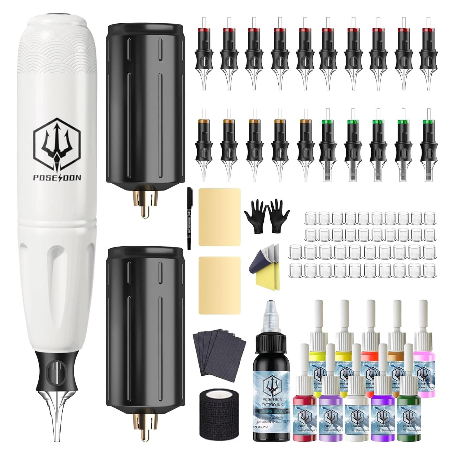 POSEIDON Wireless Rotary Tattoo Machine Kit with 20 Tattoo Cartridge Needles, Ink Set & 2 Rechargeable Batteries | Professional Portable Tattoo Gun for Beginners | Complete Starter Supplies
