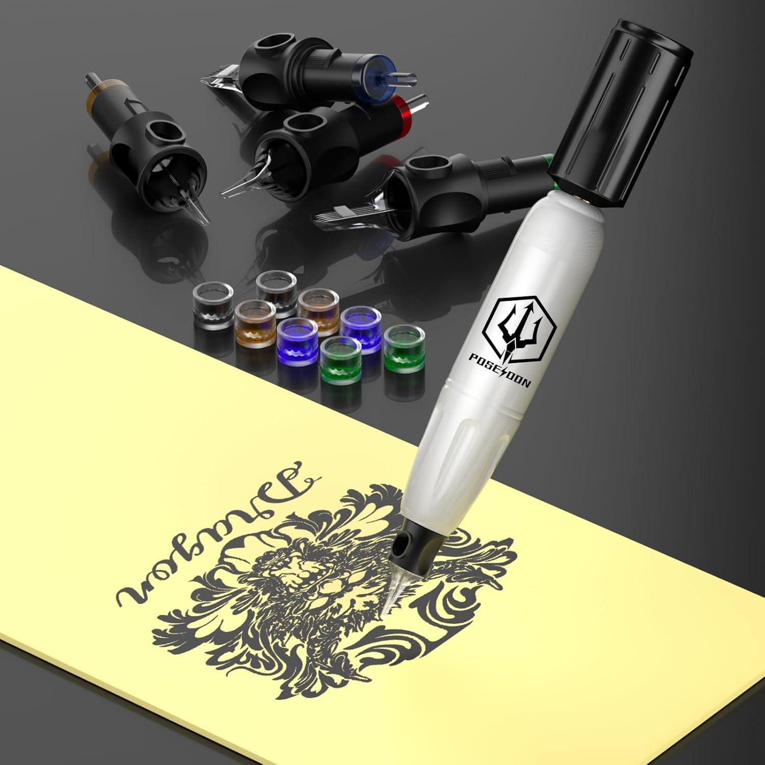 POSEIDON Wireless Rotary Tattoo Machine Kit with 20 Tattoo Cartridge Needles, Ink Set & 2 Rechargeable Batteries | Professional Portable Tattoo Gun for Beginners | Complete Starter Supplies