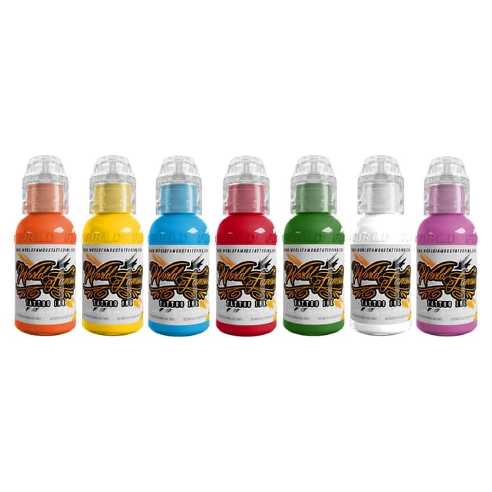 World Famous Tattoo Ink 7 Color Simple Set - Vegan, Color Tattoo Ink Set - Compact Bottles Safe for Convention Travel - Made in America - Professional Midtone Shades (7 Pieces, 0.5 oz Each)
