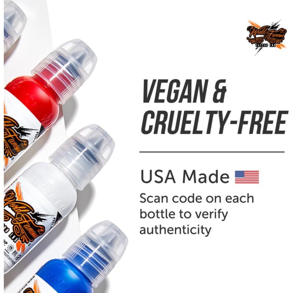 World Famous Tattoo Ink 7 Color Simple Set - Vegan, Color Tattoo Ink Set - Compact Bottles Safe for Convention Travel - Made in America - Professional Midtone Shades (7 Pieces, 0.5 oz Each)