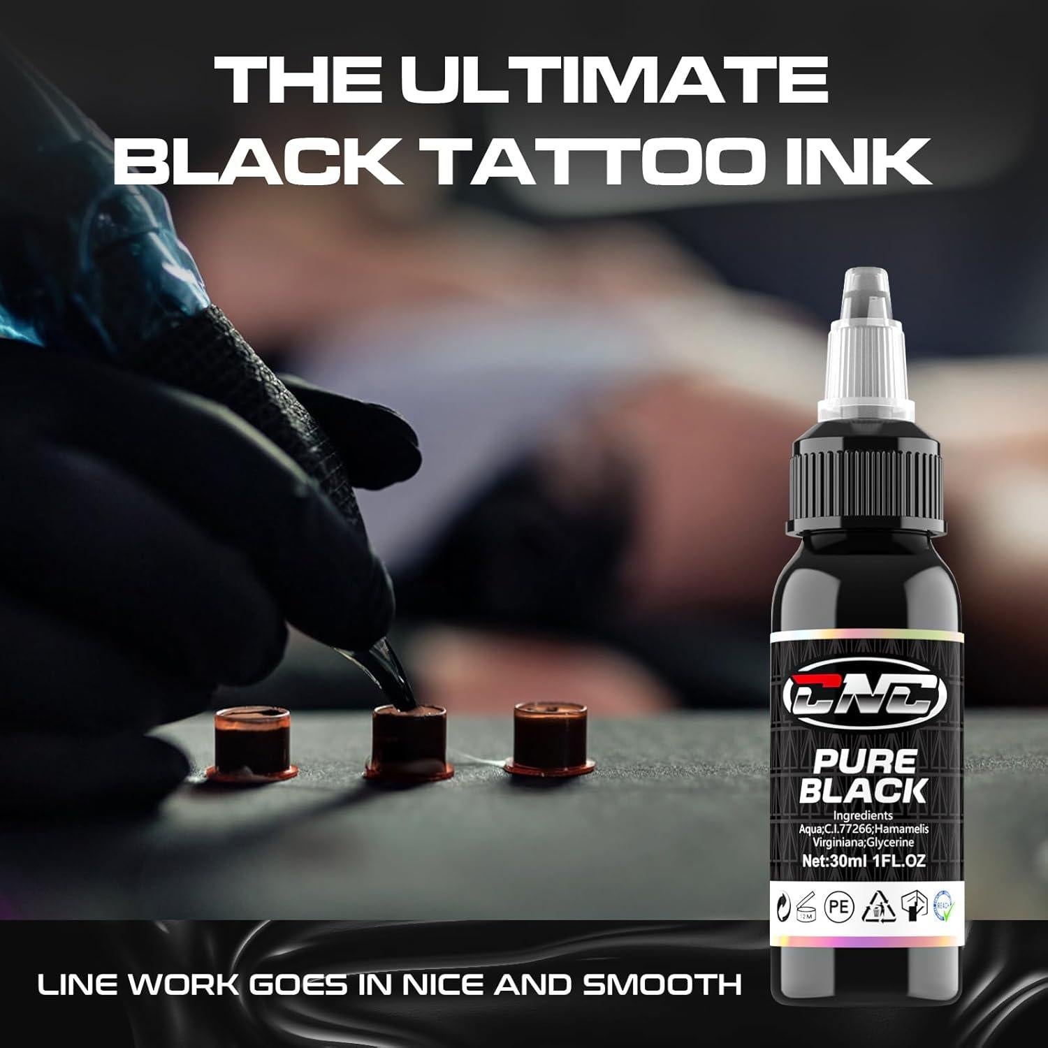 Tinta de Tatuaje Negra CNC 30ml Premium para Contornos y Sombreado
