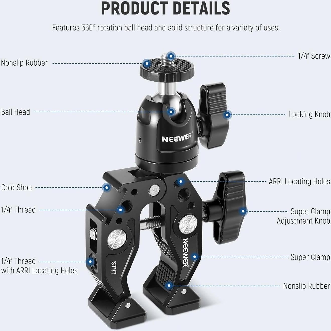Neewer Super Clamp ST87 con Cabeza de Bola y Adaptador