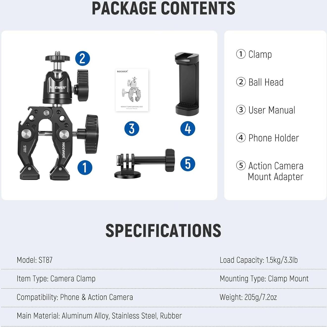 Neewer Super Clamp ST87 con Cabeza de Bola y Adaptador