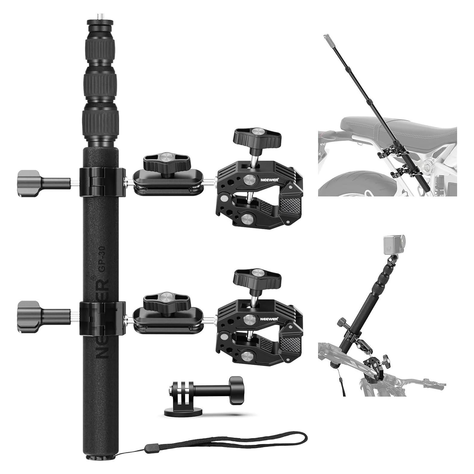 Motorcycle Camera Mount Kit, Bicycle Handlebar Invisible Selfie Stick with Dual Ball Heads, Super Clamps, Action Camera Adapter Compatible with GoPro Insta360 DJI AKASO Action Cameras, GP-30