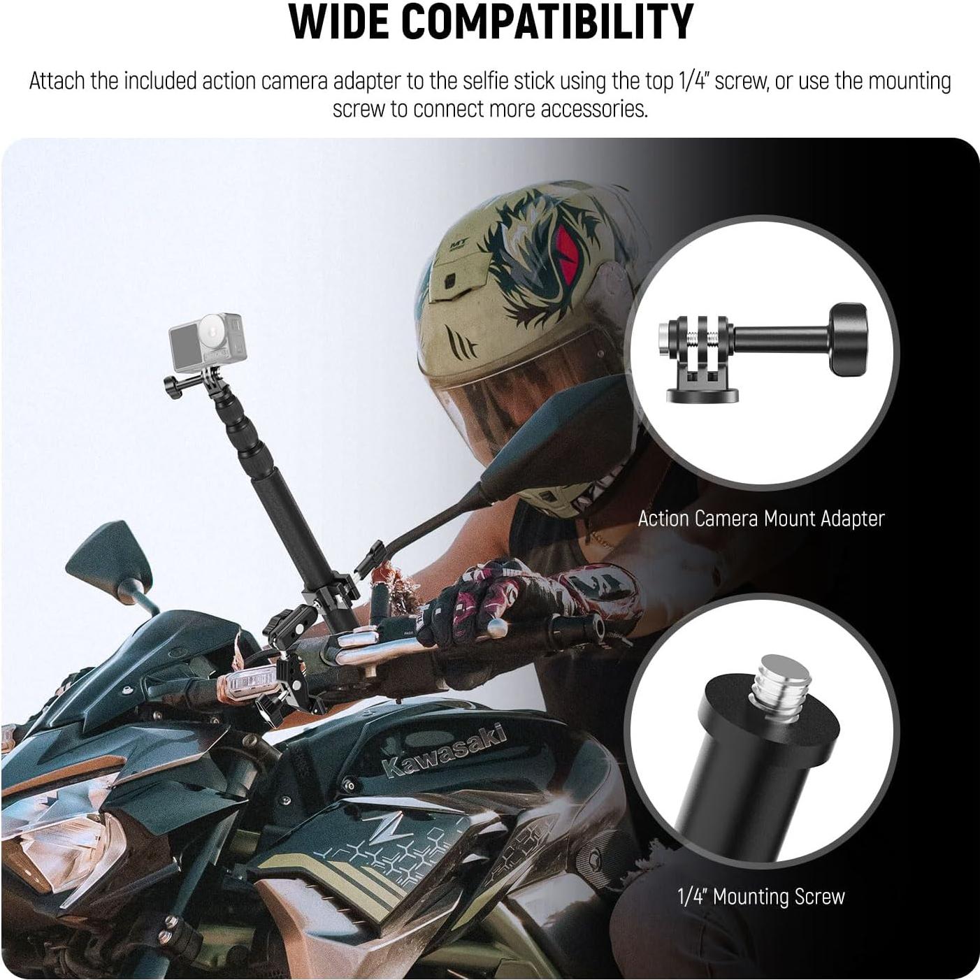 Motorcycle Camera Mount Kit, Bicycle Handlebar Invisible Selfie Stick with Dual Ball Heads, Super Clamps, Action Camera Adapter Compatible with GoPro Insta360 DJI AKASO Action Cameras, GP-30