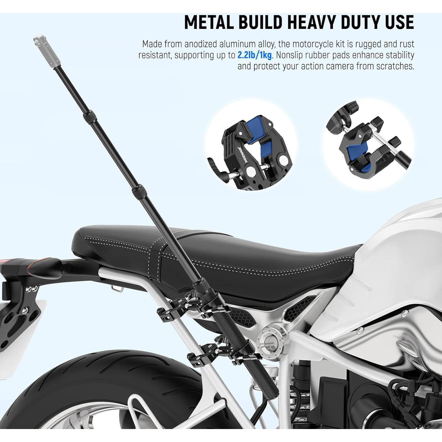 Motorcycle Camera Mount Kit, Bicycle Handlebar Invisible Selfie Stick with Dual Ball Heads, Super Clamps, Action Camera Adapter Compatible with GoPro Insta360 DJI AKASO Action Cameras, GP-30