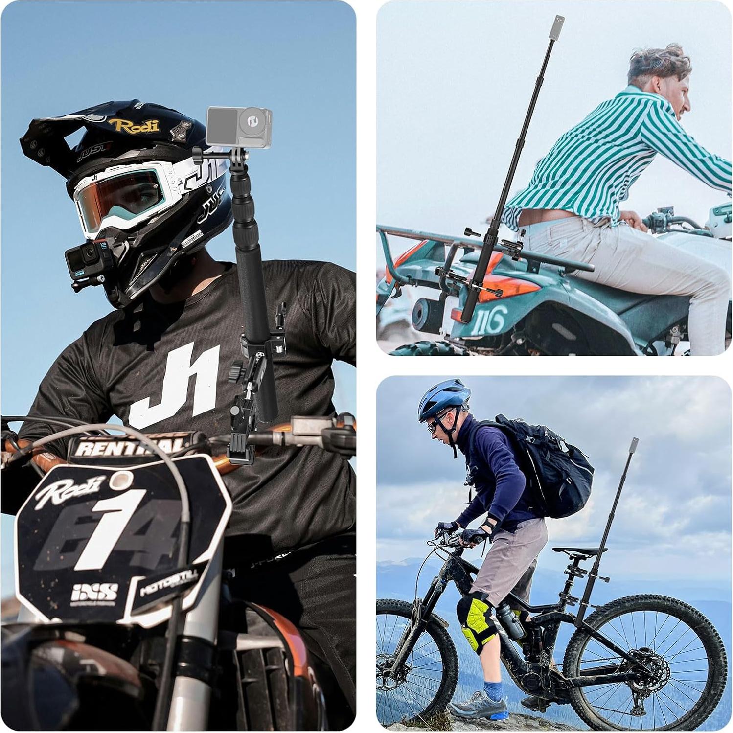 Motorcycle Camera Mount Kit, Bicycle Handlebar Invisible Selfie Stick with Dual Ball Heads, Super Clamps, Action Camera Adapter Compatible with GoPro Insta360 DJI AKASO Action Cameras, GP-30