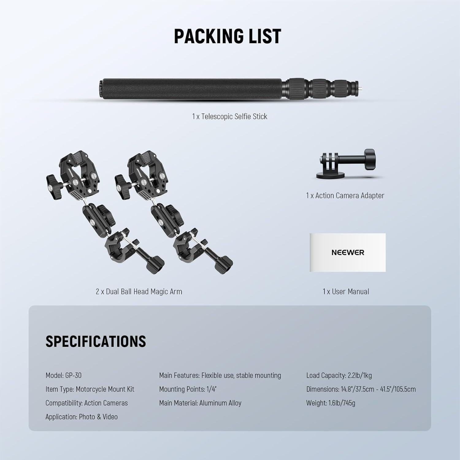 Motorcycle Camera Mount Kit, Bicycle Handlebar Invisible Selfie Stick with Dual Ball Heads, Super Clamps, Action Camera Adapter Compatible with GoPro Insta360 DJI AKASO Action Cameras, GP-30