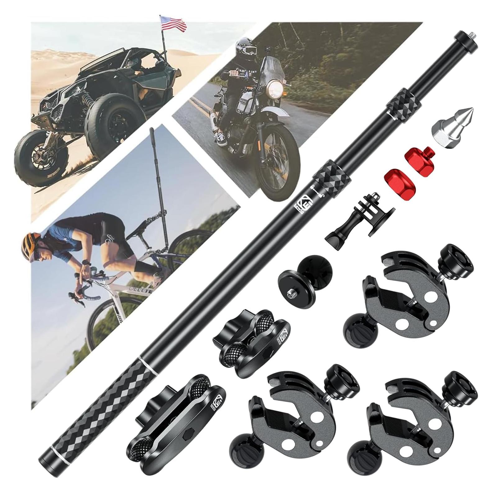 Aluminum Alloy Motorcycle Camera Mount Kit for GoPro Insta360 DJI, 360° Rotating Heavy-Duty Bike Handlebar Anti-Theft Clamp Mount with Extendable Selfie Stick for Motorcycle Bike ATV UTV