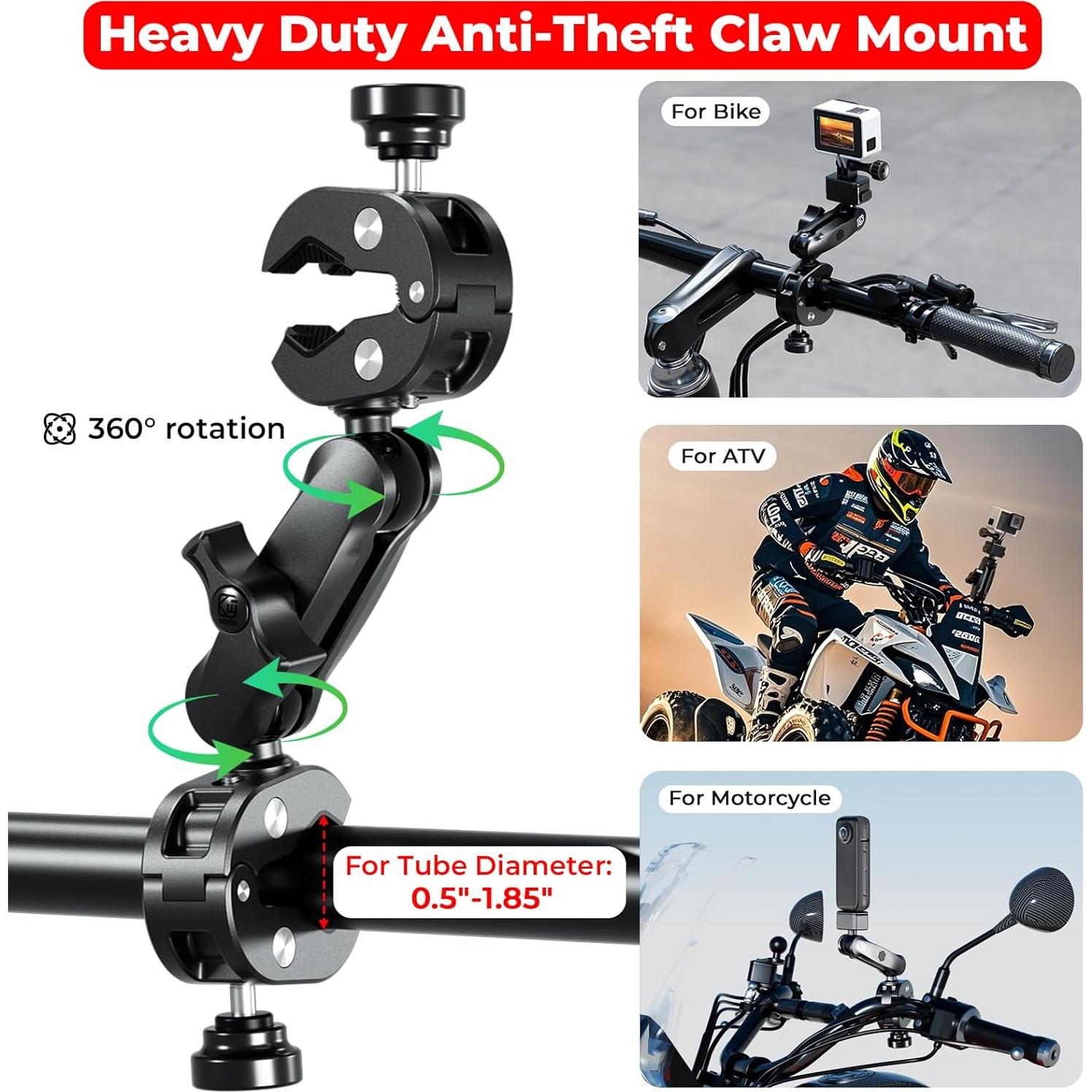 Aluminum Alloy Motorcycle Camera Mount Kit for GoPro Insta360 DJI, 360° Rotating Heavy-Duty Bike Handlebar Anti-Theft Clamp Mount with Extendable Selfie Stick for Motorcycle Bike ATV UTV