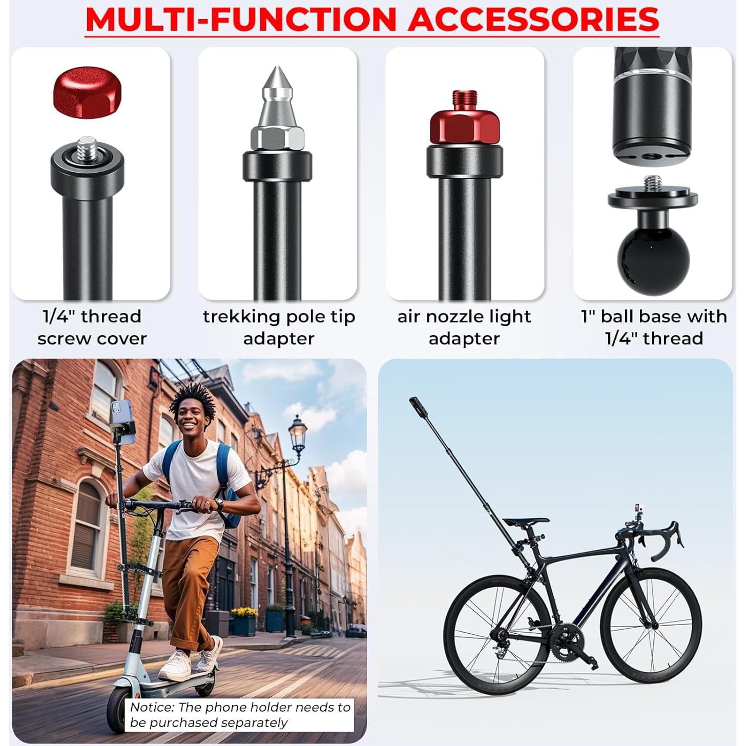 Aluminum Alloy Motorcycle Camera Mount Kit for GoPro Insta360 DJI, 360° Rotating Heavy-Duty Bike Handlebar Anti-Theft Clamp Mount with Extendable Selfie Stick for Motorcycle Bike ATV UTV