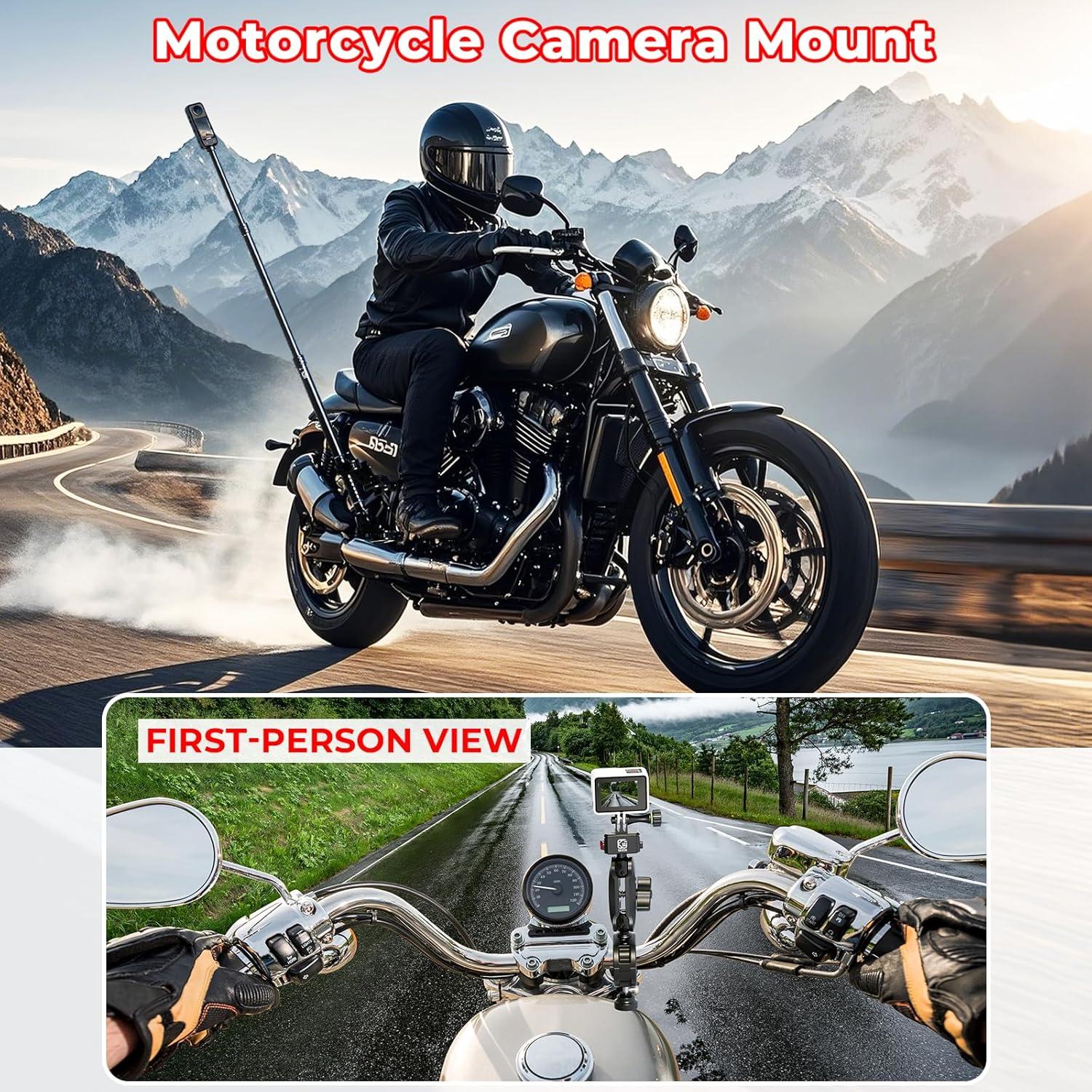 Aluminum Alloy Motorcycle Camera Mount Kit for GoPro Insta360 DJI, 360° Rotating Heavy-Duty Bike Handlebar Anti-Theft Clamp Mount with Extendable Selfie Stick for Motorcycle Bike ATV UTV