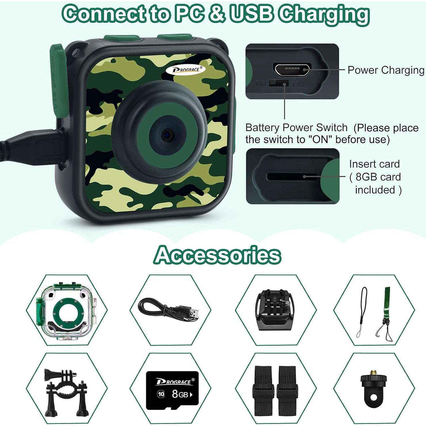 PROGRACE Waterproof Camera for Kids - Children Digital Video Cameras Underwater Camera 1080P Toddler Sports Cameras for Boys Birthday Cámara Pool Toys Age 3 4 5 6 7 8 9 10 11 12