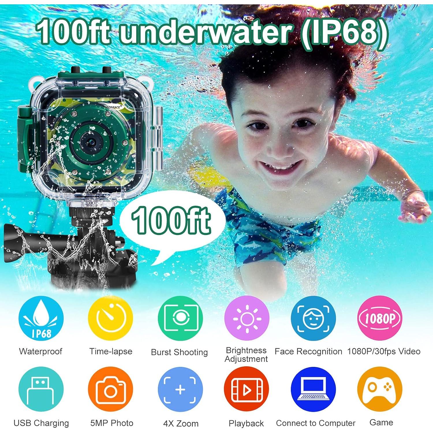 PROGRACE Waterproof Camera for Kids - Children Digital Video Cameras Underwater Camera 1080P Toddler Sports Cameras for Boys Birthday Cámara Pool Toys Age 3 4 5 6 7 8 9 10 11 12