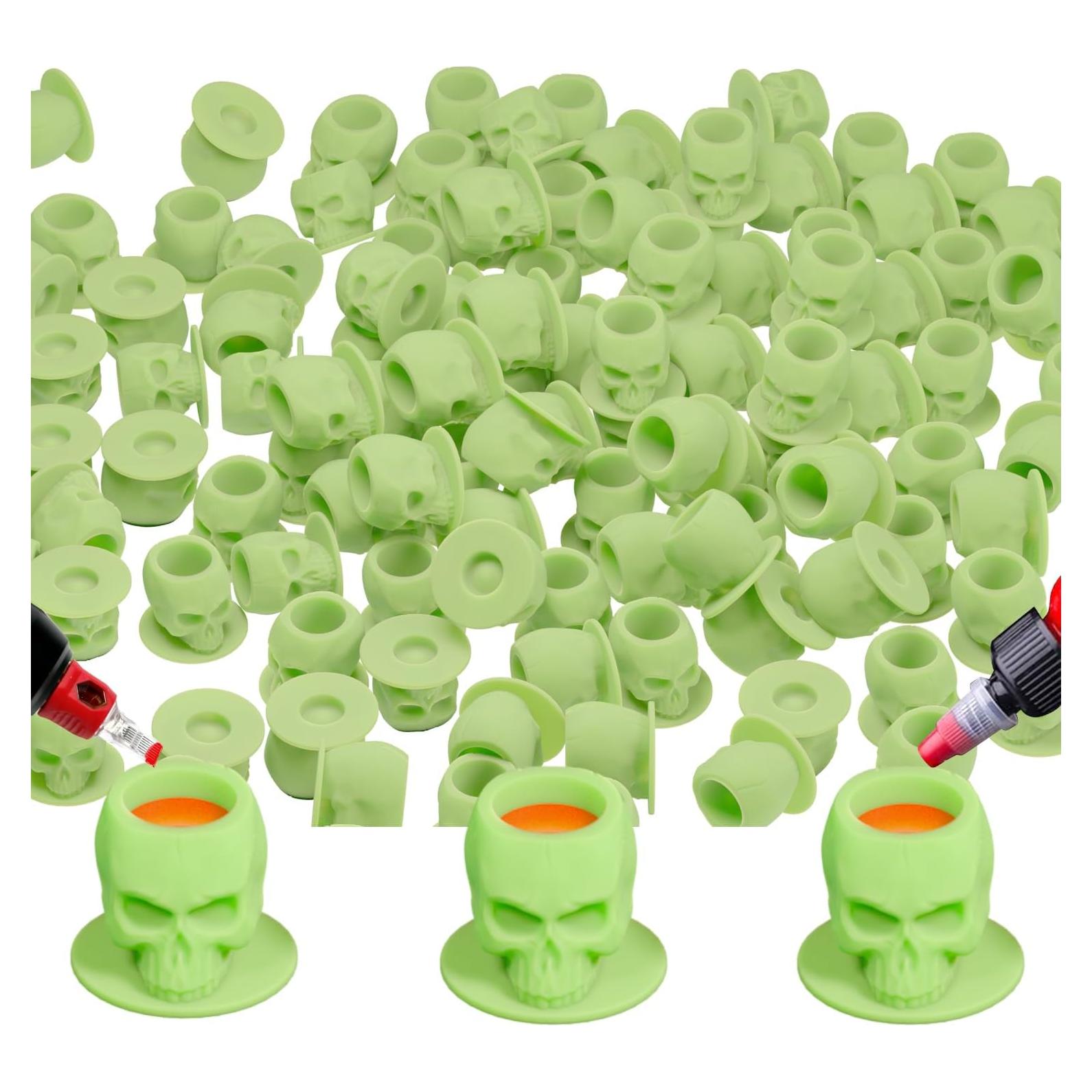 Tazas de Tinta para Tatuajes OZER 200pcs Silicona Verde Calavera