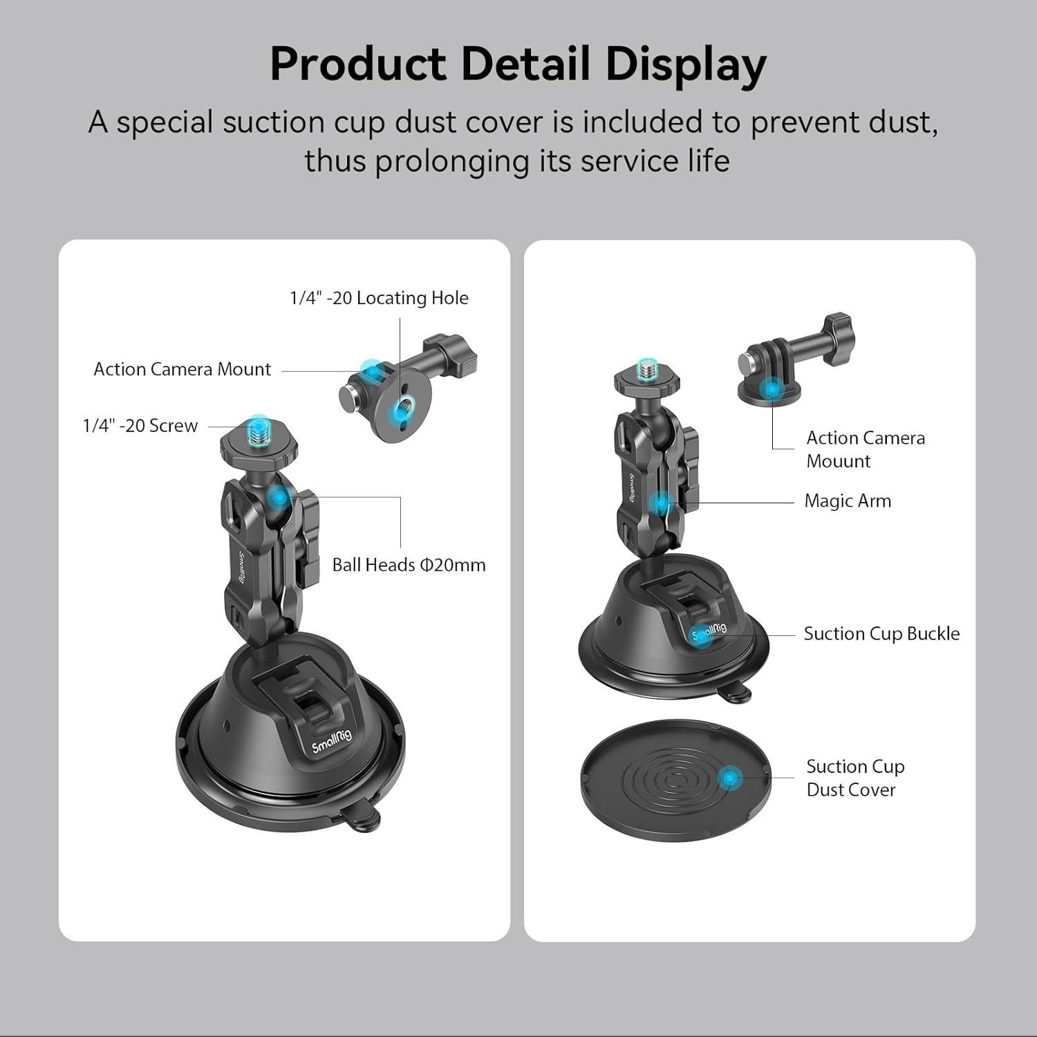 Double-Layer Suction Cup Mount for GoPro Hero 11/10 / 9, for DJI Osmo Action/Procket, for Insta360 X3, Double Ball Head Support 360° Rotation, Mount on Car Windshield or Window SC-1K - 4193