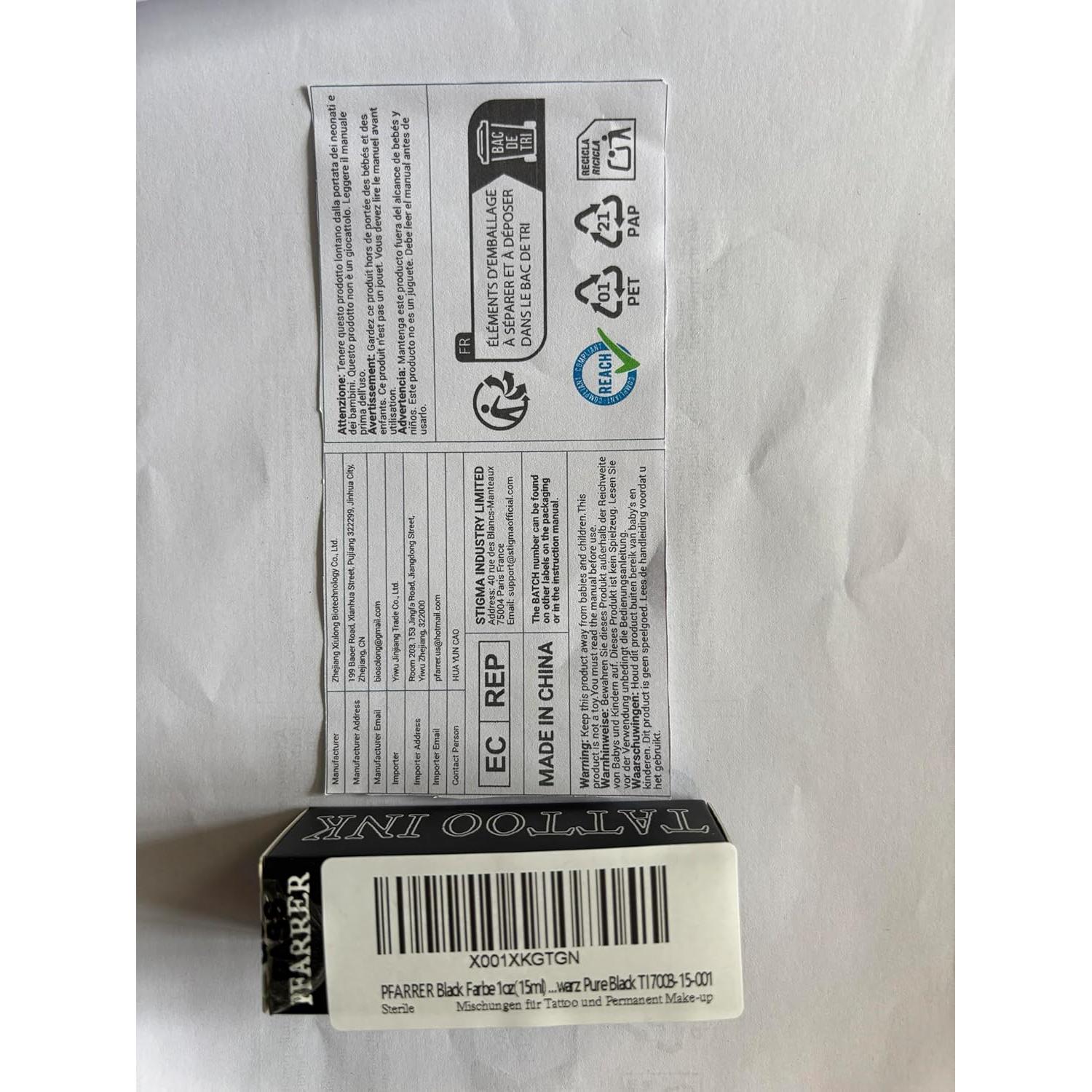 Tinta de Tatuaje Negra PFARRER 15ml Vegana Alta Calidad