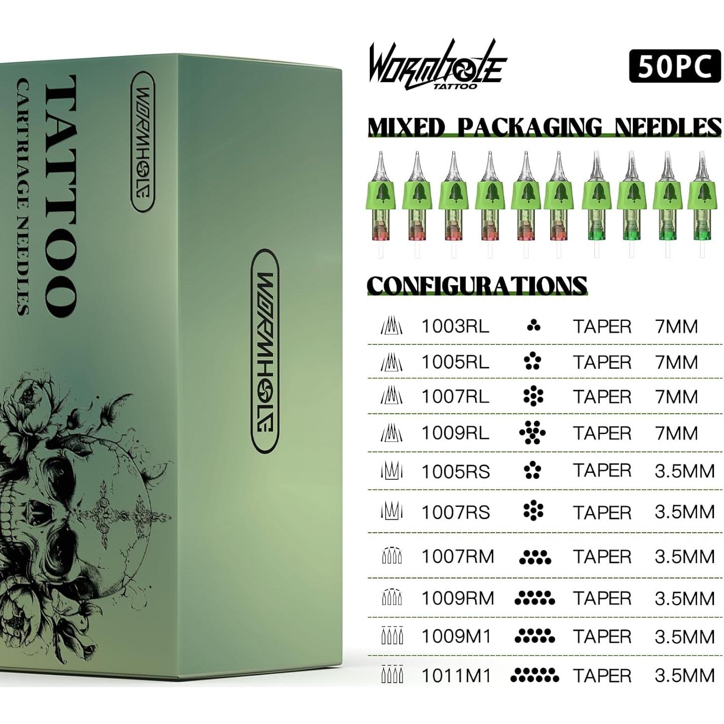 Agujas de Cartucho de Tatuaje Wormhole 50pcs Mezcla 3RL-11M1