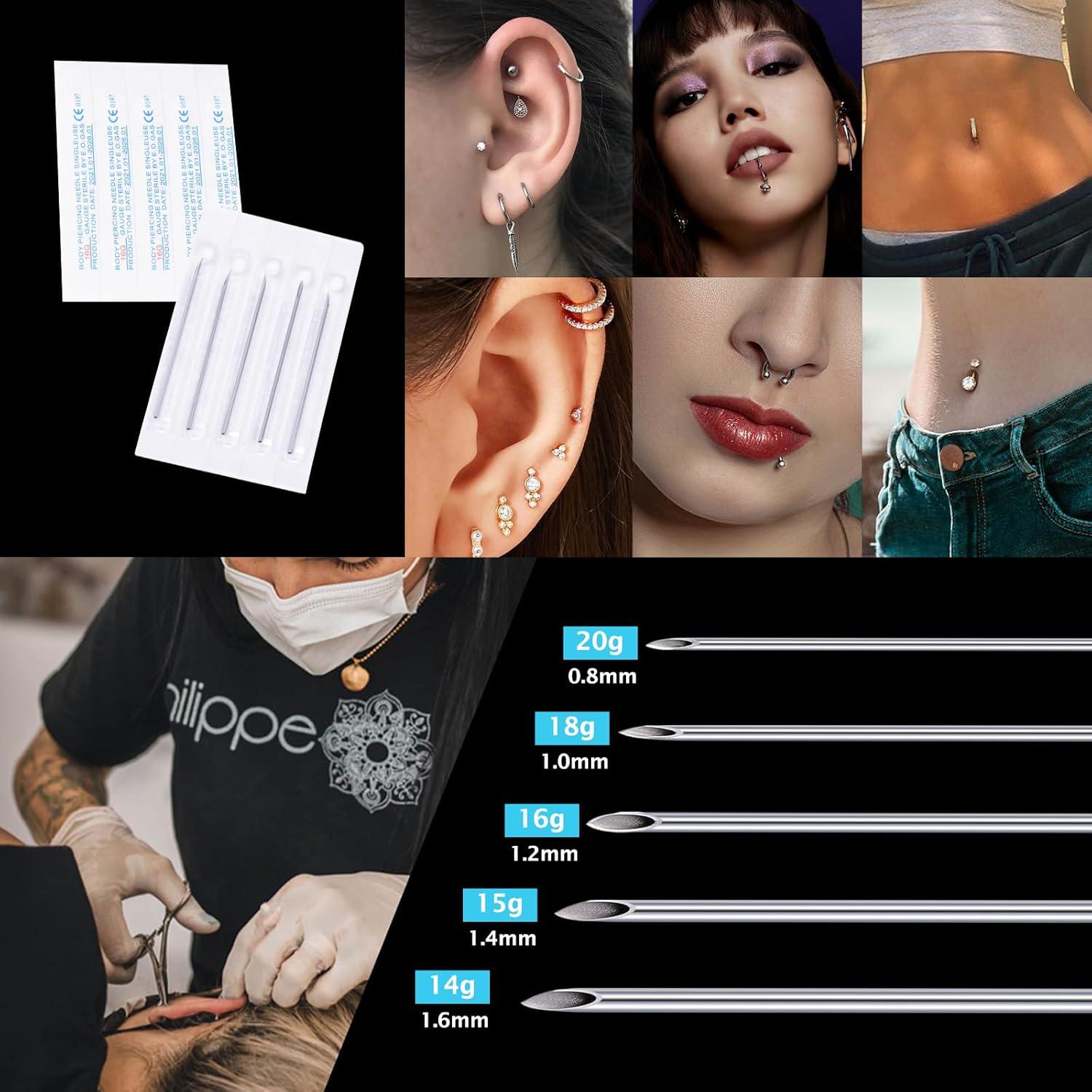 14 Agujas de Piercing Estériles DJCIW Acero Inoxidable Mixto