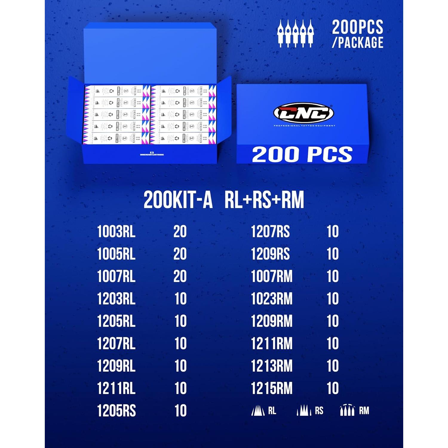 Agujas de Cartucho para Tatuaje CNC 200pcs Variadas con Membrana