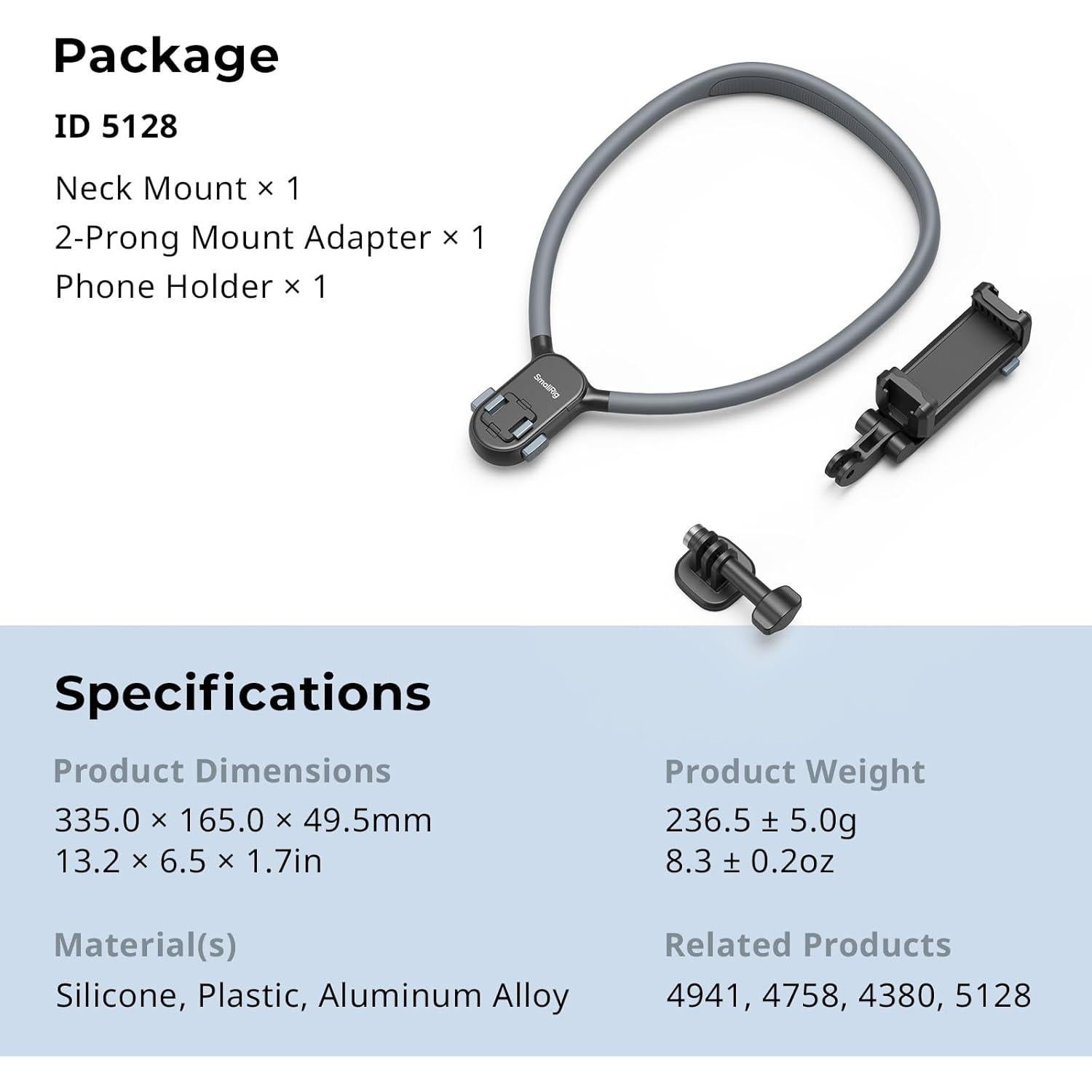 SMALLRIG Magnetic Neck Mount for Action Cameras & Phones, Comfortable POV Shooting Support with Universal 2-Prong Adapter and Phone Holder, 5128