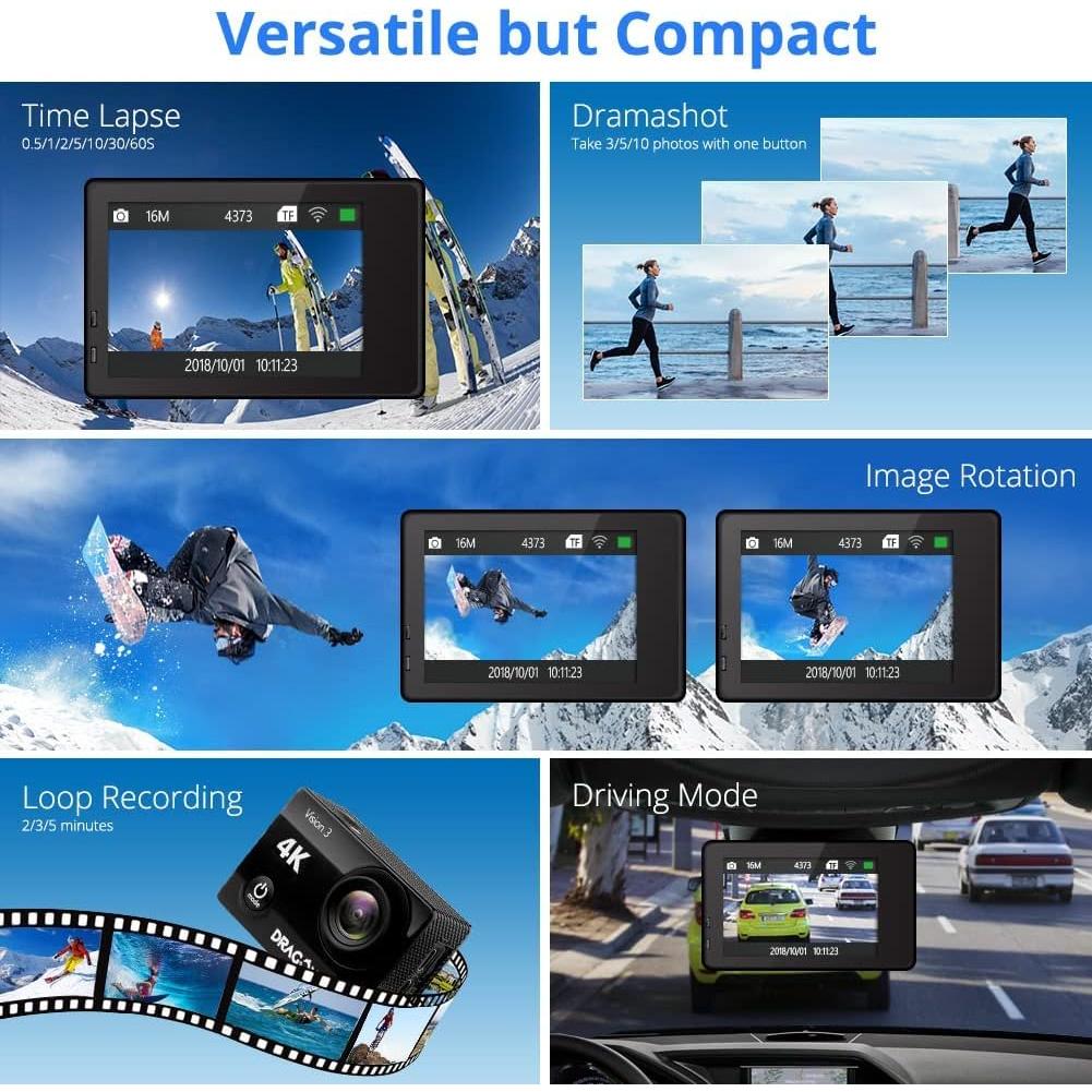 Cámara de Acción Dragon Touch 4K 20MP Impermeable 30m