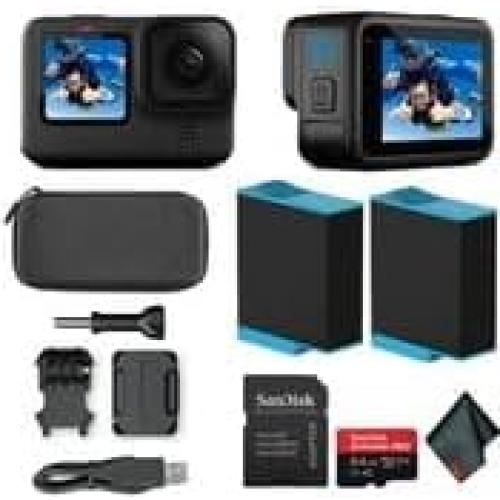 HERO10 Black (Hero 10) - Waterproof Action Camera with Front LCD and Touch Rear Screens, New GP2 Engine, 5K HD Video, 23MP Photos, Live Streaming, 64GB Extreme Pro Card and Extra Battery