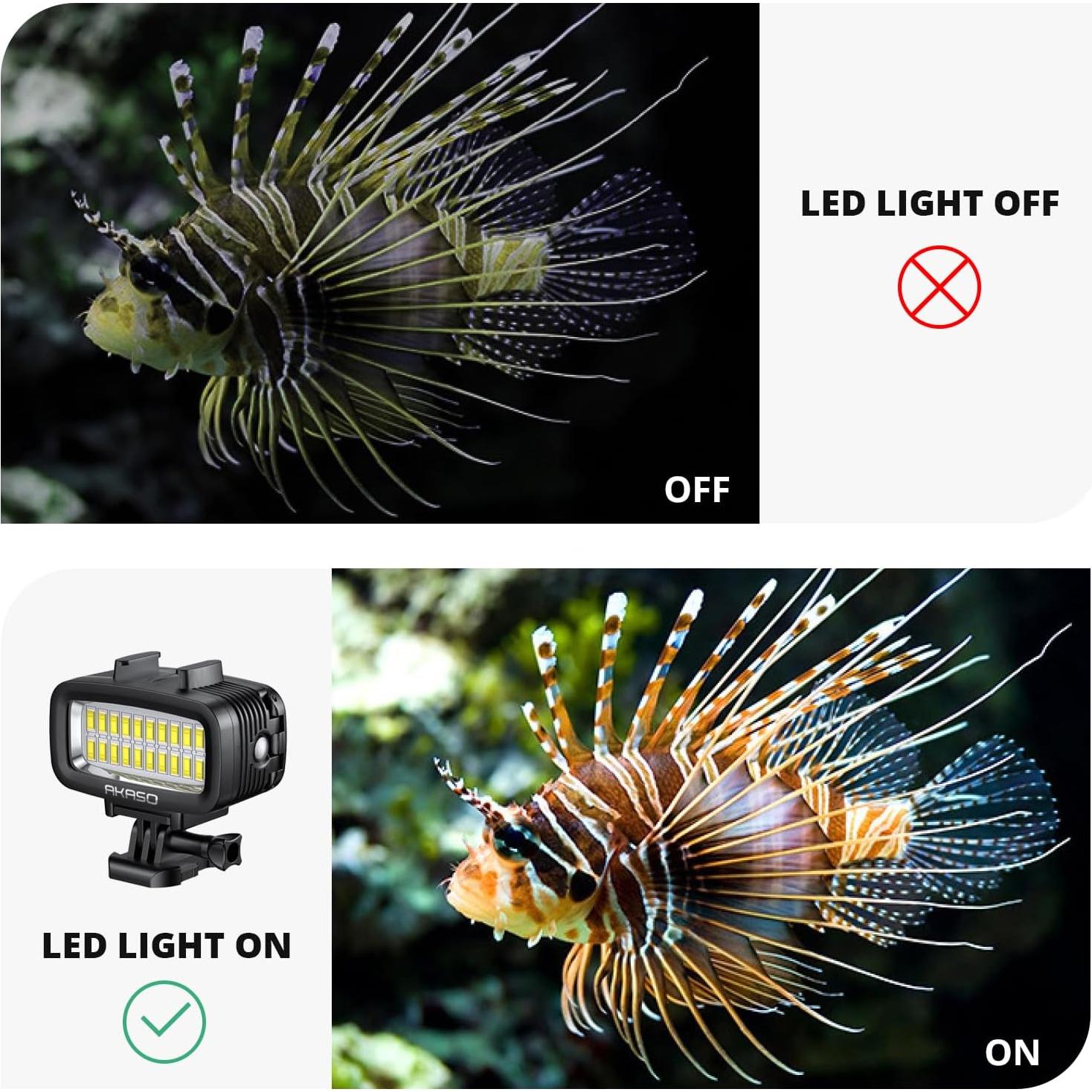 Luz Submarina AKASO 40m LED Regulable con Filtros para Cámaras