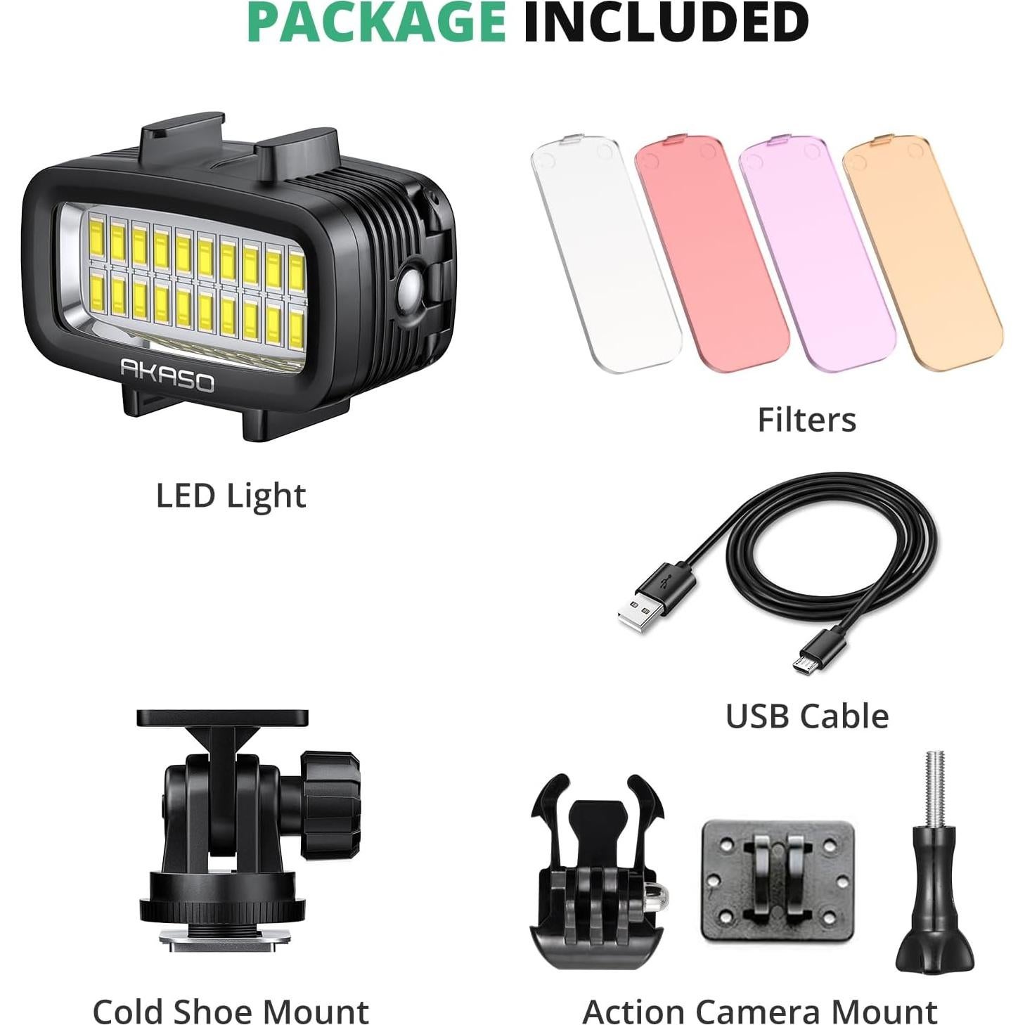 Luz Submarina AKASO 40m LED Regulable con Filtros para Cámaras