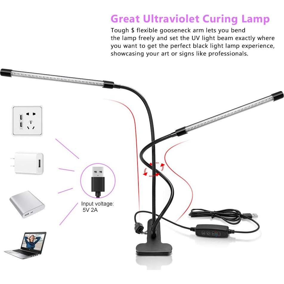 Lámpara UV Negra LED Doble Cabeza 20W YGS-Tech USB Ajustable