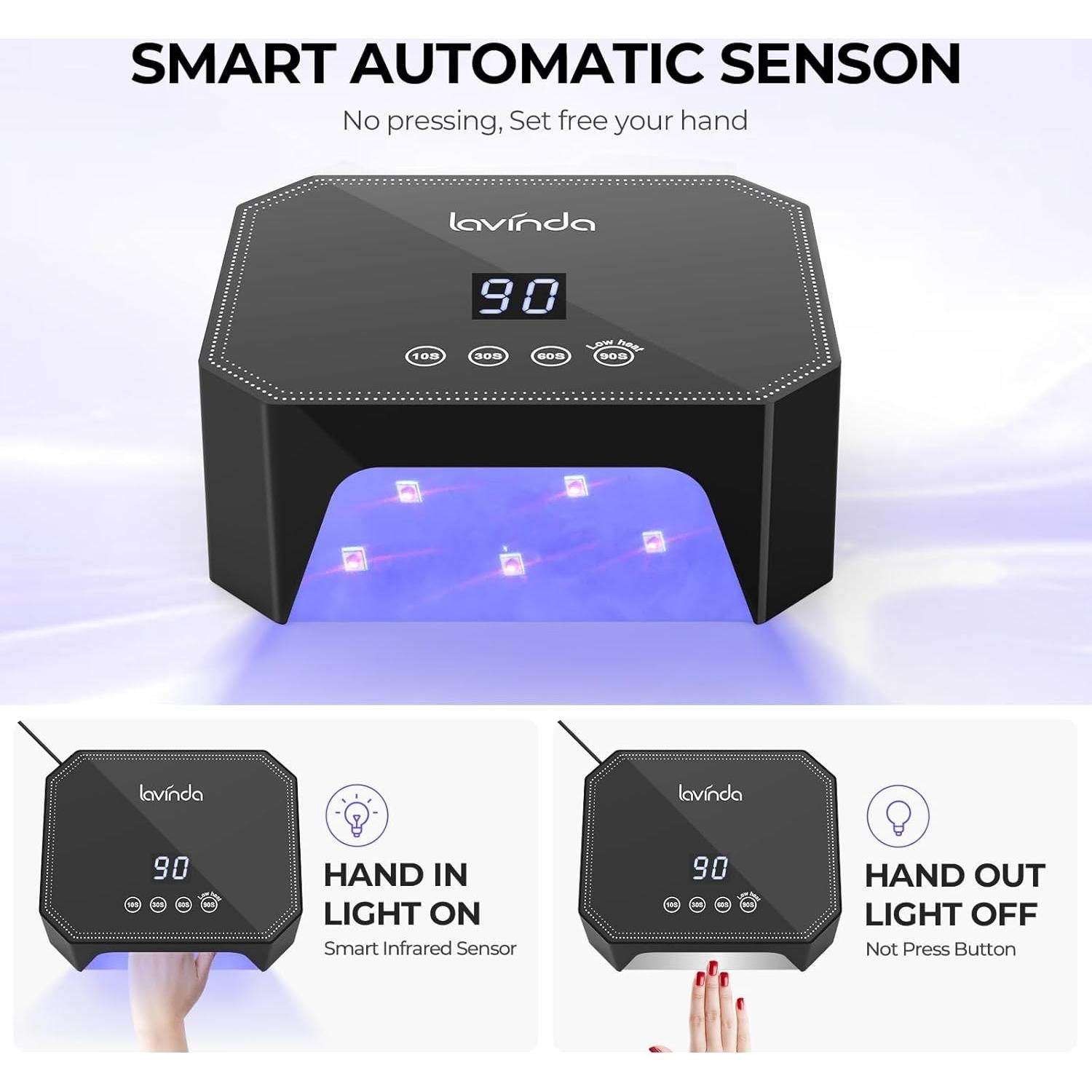 Lámpara de Uñas UV LED Lavinda 54W - Pantalla LCD, 4 Temporizadores