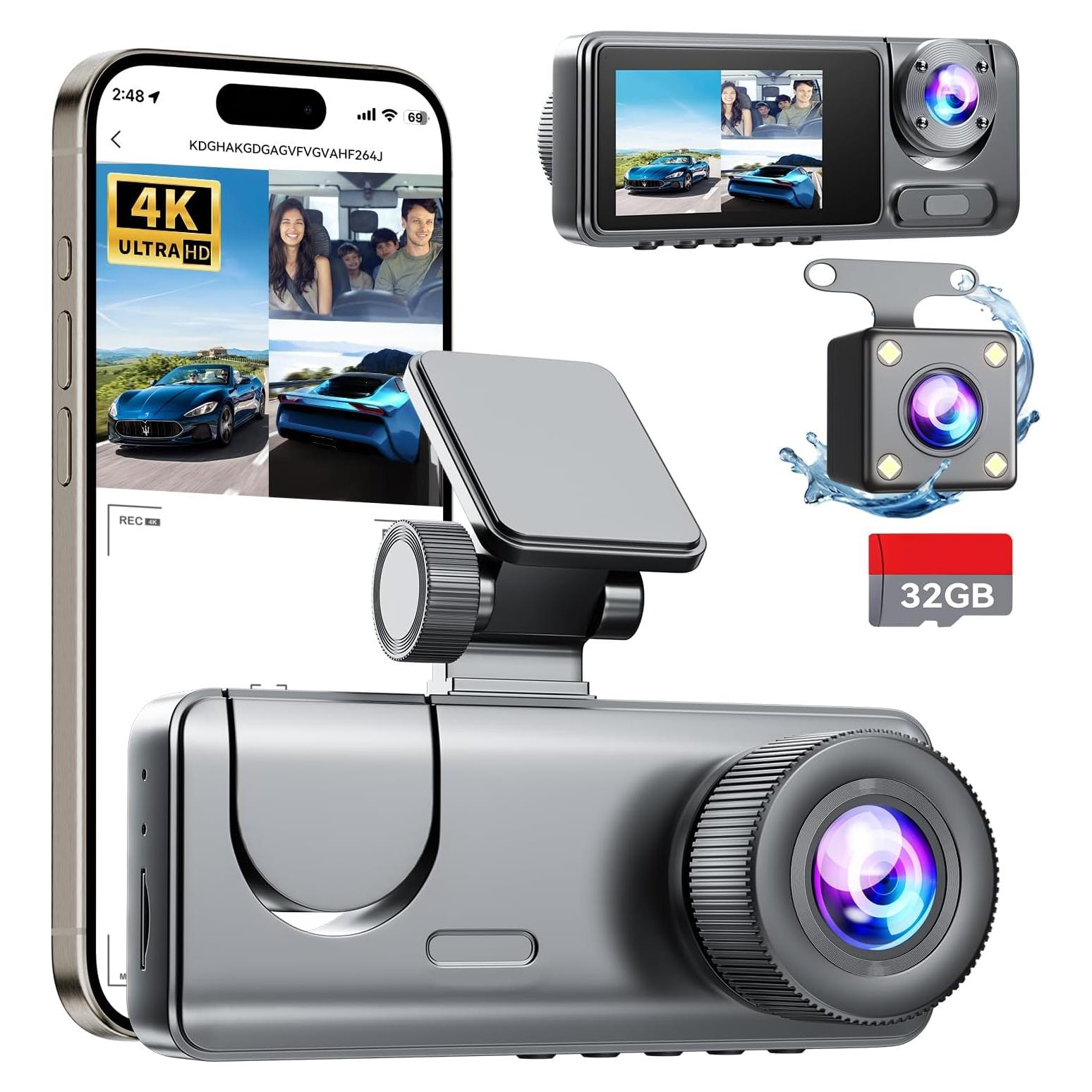 3 Channel Dash Cam Front and Rear Inside, Bulit a 32GB Card, Dash Camera for Cars,4K Full HD 2.0'' IPS Screen Dashcam with G-Sensor, IR Night Vision, WDR, Loop Recording, 24H Parking Mode