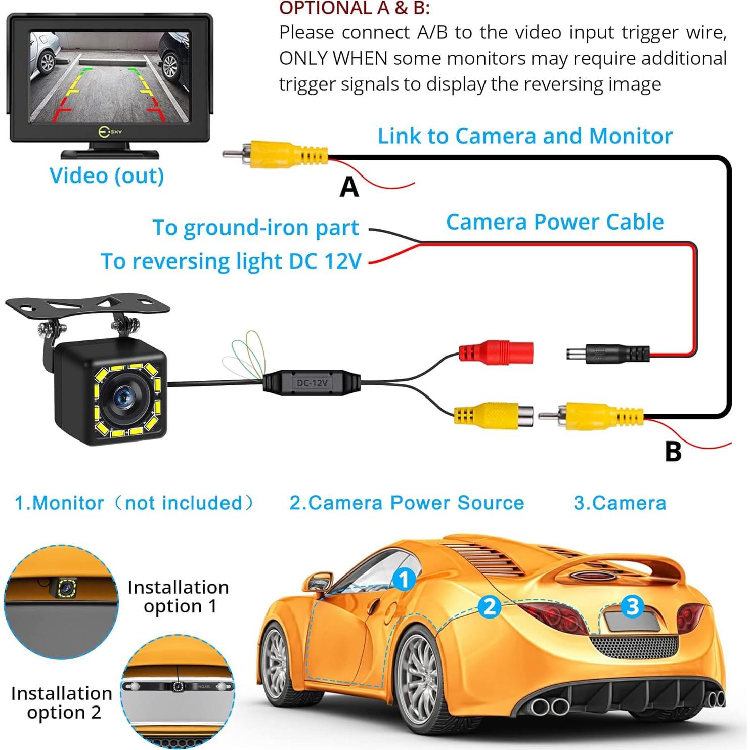Car Backup Camera, Rear View Camera Ultra HD 12 LED Night Vision,Waterproof Reverse Camera 140° Wide View Angel with Multiple Mount Brackets for Universal Cars,SUV,Trucks,RV and More