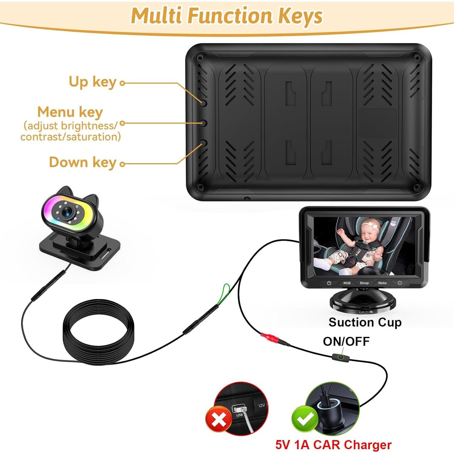 Cámara para Bebés en el Coche HD 1080P Wkzay - 150° Ángulo