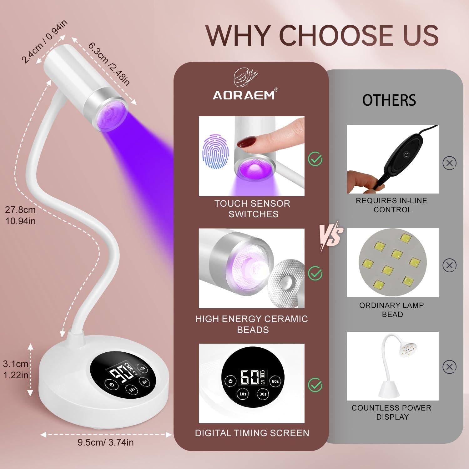 Lámpara de Uñas UV LED AORAEM Recargable 12W Cuello de Ganso
