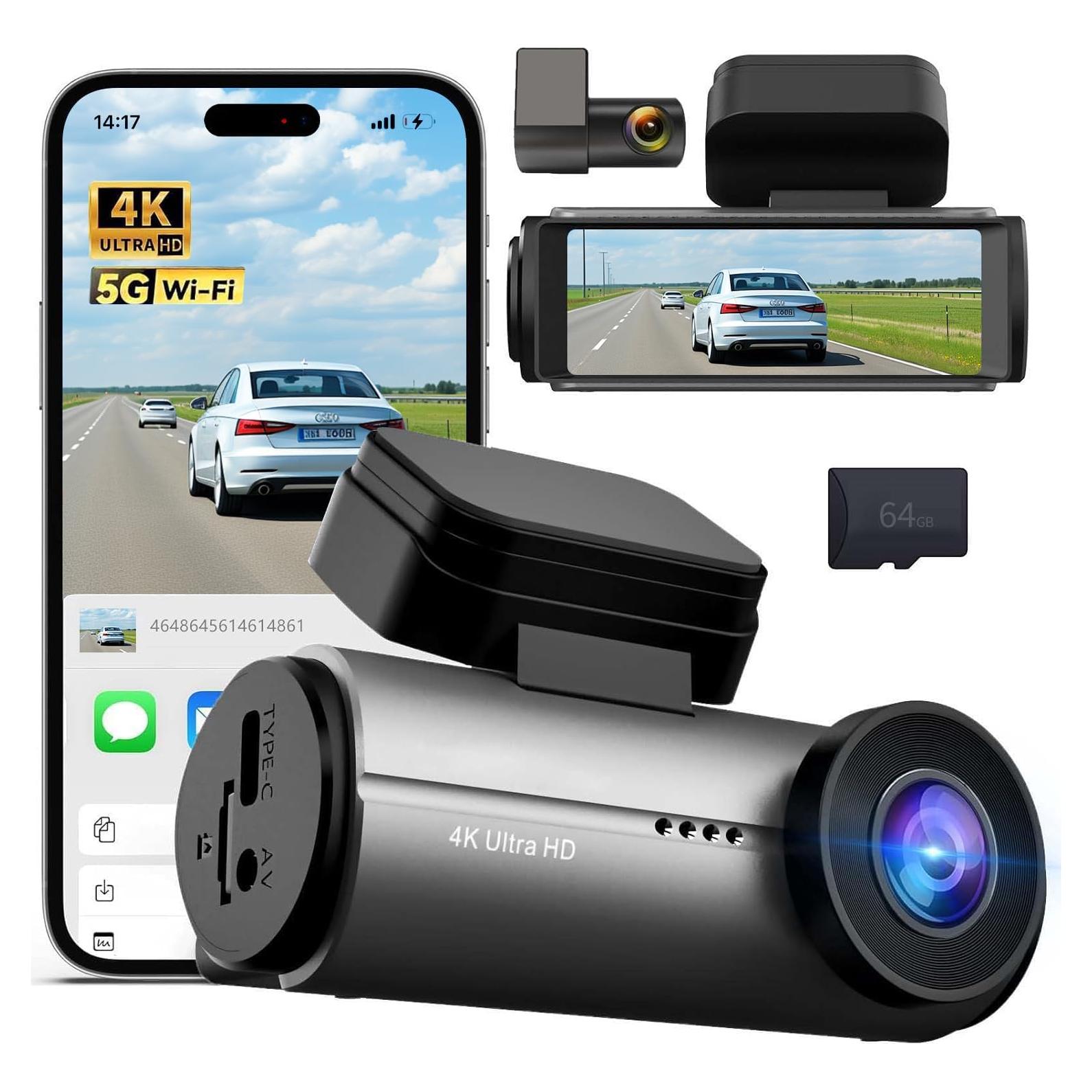 Dash Cam Front and Rear,3" IPS Screen Dash Camera for Cars,Car Camera 4K HD Front & 1080P Rear,5GHz WiFi&APP dashcams,Dual Camera,G-Sensor,Night Vision,24/7 Parking Monitoring,Loop Recording,free64GB