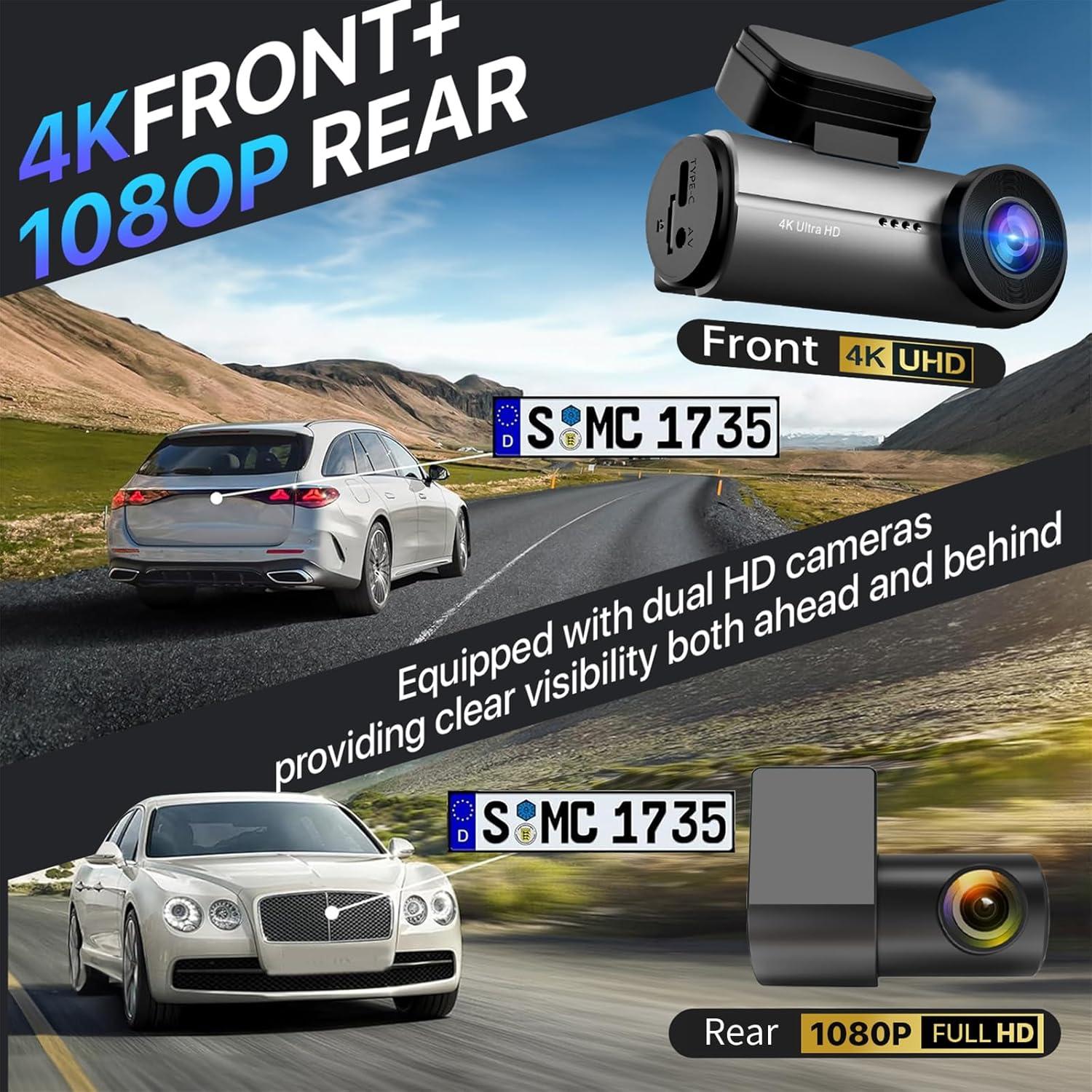 Dash Cam Front and Rear,3" IPS Screen Dash Camera for Cars,Car Camera 4K HD Front & 1080P Rear,5GHz WiFi&APP dashcams,Dual Camera,G-Sensor,Night Vision,24/7 Parking Monitoring,Loop Recording,free64GB