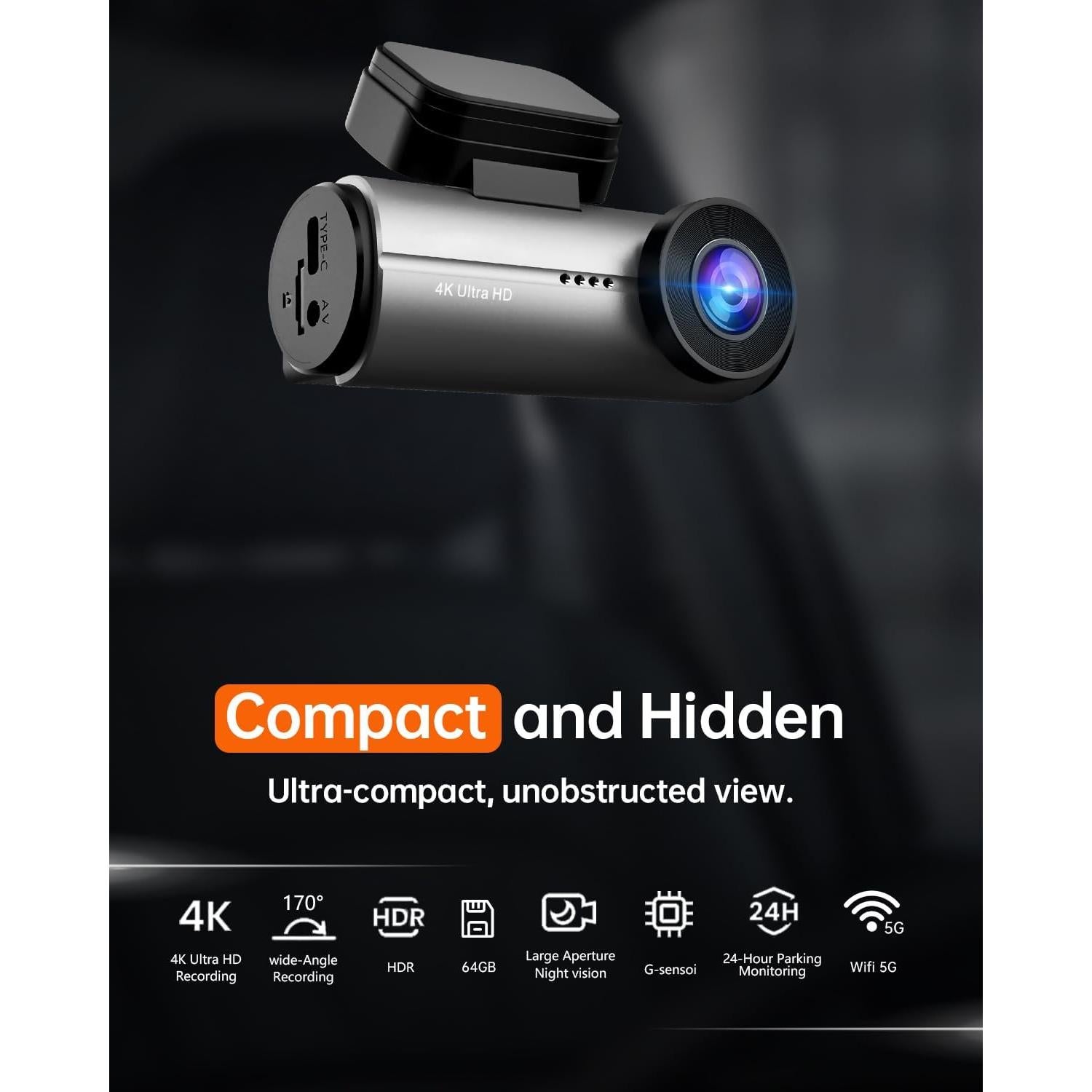 Dash Cam Front and Rear,3" IPS Screen Dash Camera for Cars,Car Camera 4K HD Front & 1080P Rear,5GHz WiFi&APP dashcams,Dual Camera,G-Sensor,Night Vision,24/7 Parking Monitoring,Loop Recording,free64GB