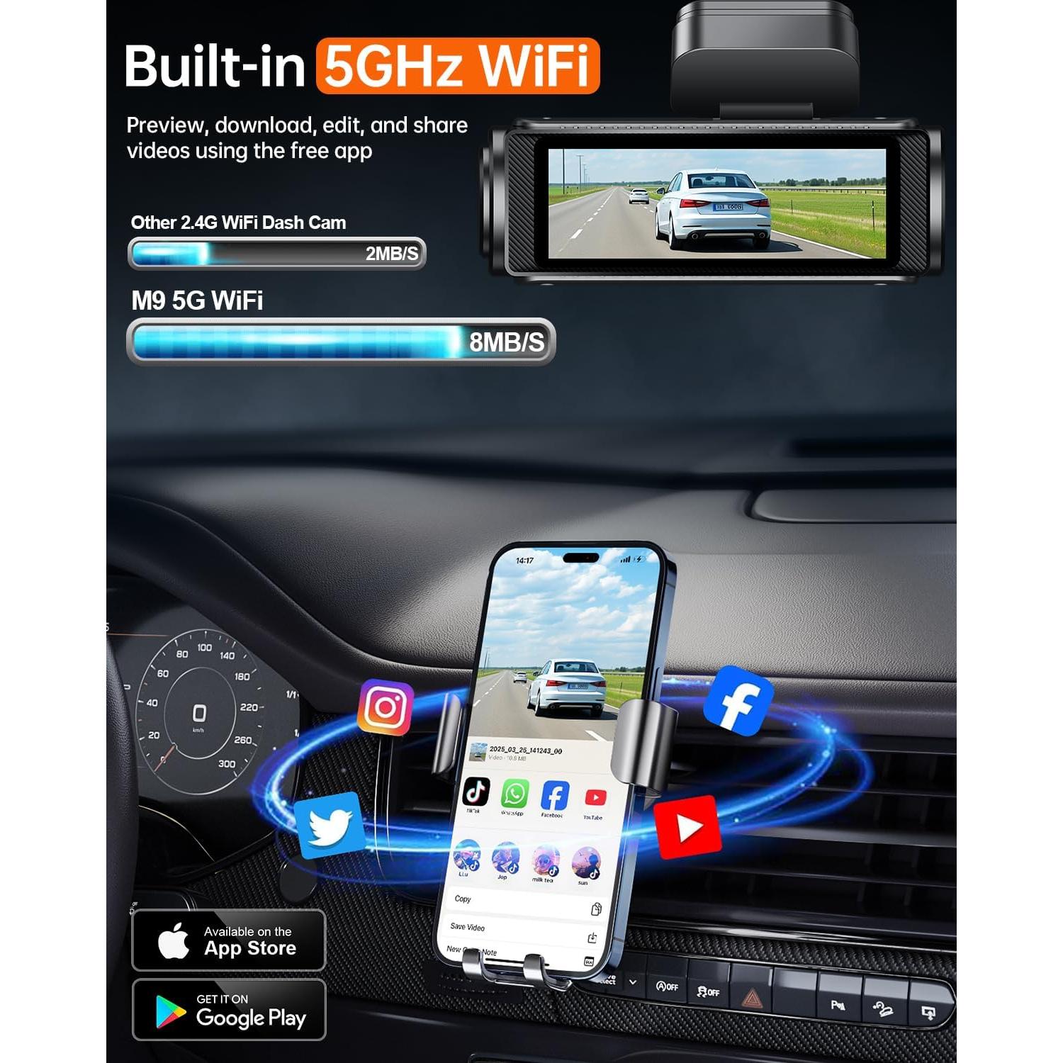 Dash Cam Front and Rear,3" IPS Screen Dash Camera for Cars,Car Camera 4K HD Front & 1080P Rear,5GHz WiFi&APP dashcams,Dual Camera,G-Sensor,Night Vision,24/7 Parking Monitoring,Loop Recording,free64GB