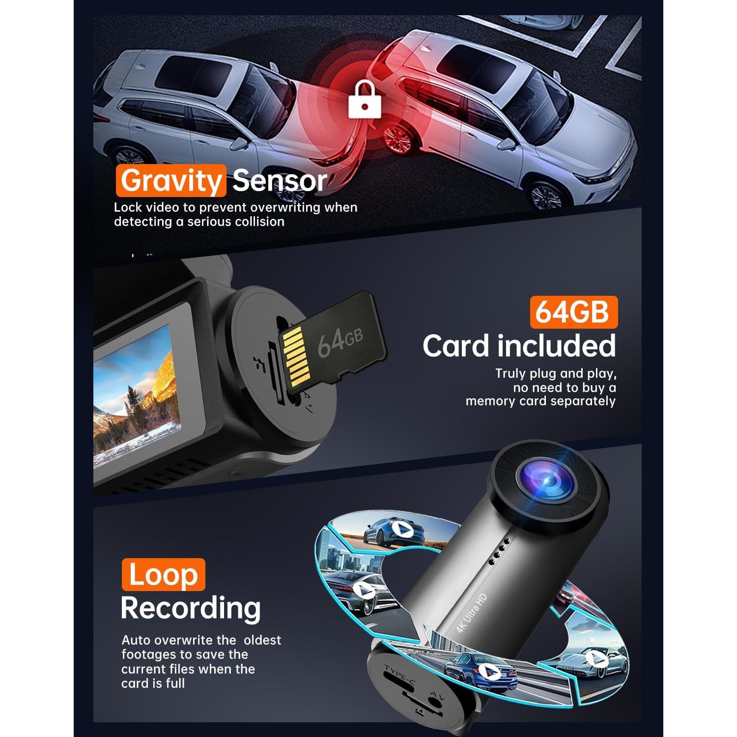 Dash Cam Front and Rear,3" IPS Screen Dash Camera for Cars,Car Camera 4K HD Front & 1080P Rear,5GHz WiFi&APP dashcams,Dual Camera,G-Sensor,Night Vision,24/7 Parking Monitoring,Loop Recording,free64GB