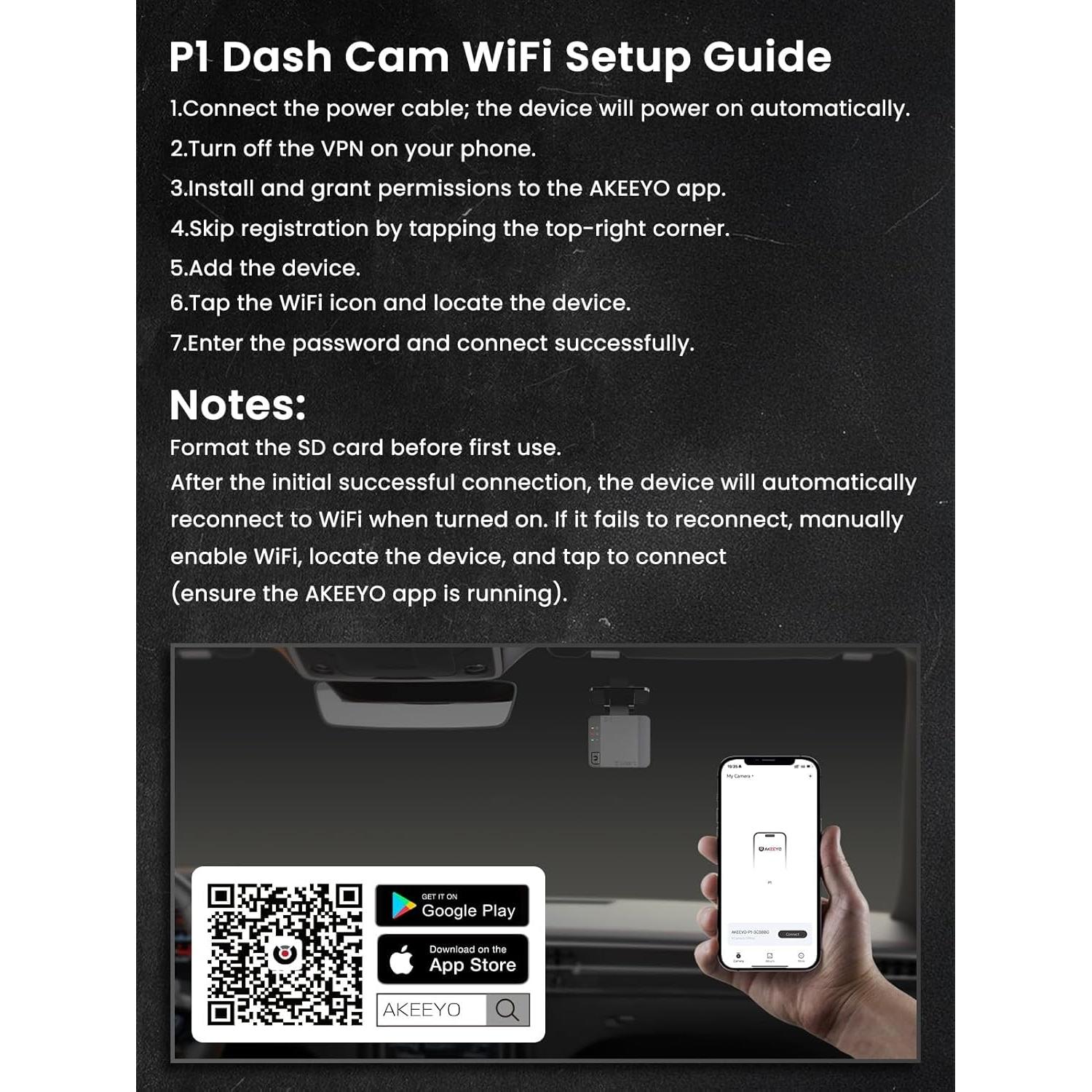 Dash Cam FHD 1080P Car Camera, AKEEYO WiFi Dash Camera for Cars,Mini Front Wireless Dash Cam with App,WDR Night Vision, G-Sensor,24H Parking Mode, Loop Recording, Dashcam Support 256GB Max