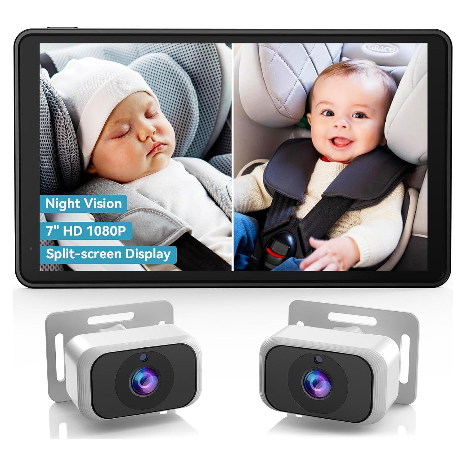 Baby Car Camera for 2-Kids: 7 Inch IPS Display with Dual Carseat Cameras, Split Screen, Night Vision, HD 1080P - USB Powered Easy Install Rear Facing Backseat Camera for Twins
