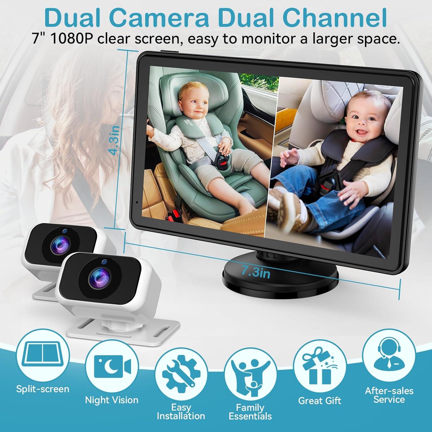 Baby Car Camera for 2-Kids: 7 Inch IPS Display with Dual Carseat Cameras, Split Screen, Night Vision, HD 1080P - USB Powered Easy Install Rear Facing Backseat Camera for Twins